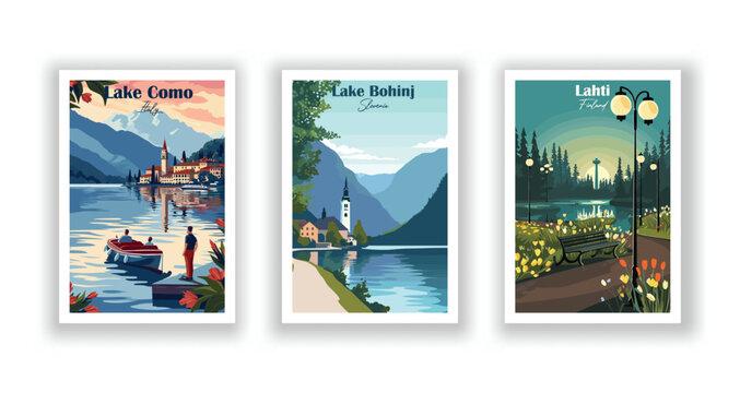 Lahti, Finland. Lake Bohinj, Slovenia. Lake Como, Italy - Vintage travel poster. Vector illustration. High quality prints
