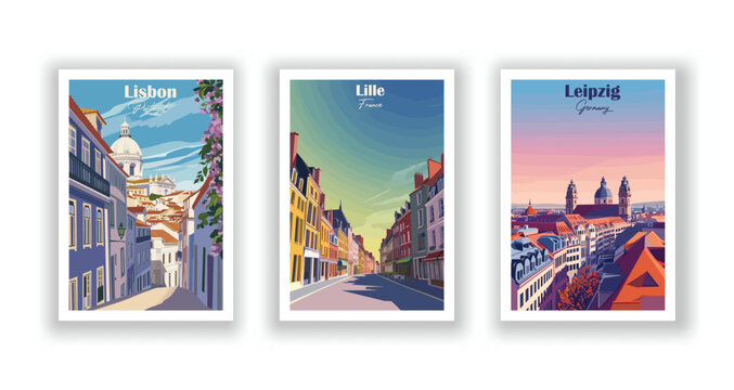 Leipzig, Germany. Lille, France. Lisbon, Portugal - Vintage travel poster. Vector illustration. High quality prints
