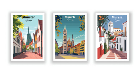Fototapeta premium Munich, Germany. Münster, Germany. Murcia, Spain - Vintage travel poster. Vector illustration. High quality prints