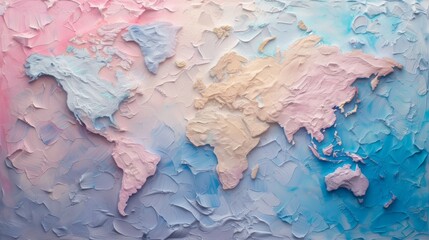 This creative take on a world map features textured, pastel paints, giving a unique artistic touch to a geographic representation - obrazy, fototapety, plakaty