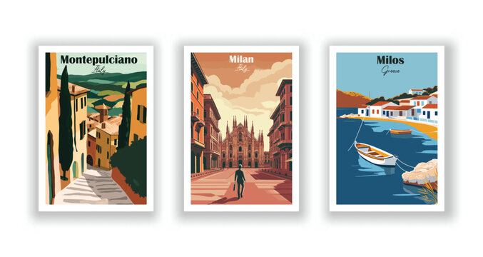 Milan, Italy. Milos, Greece. Montepulciano, Italy - Vintage travel poster. Vector illustration. High quality prints