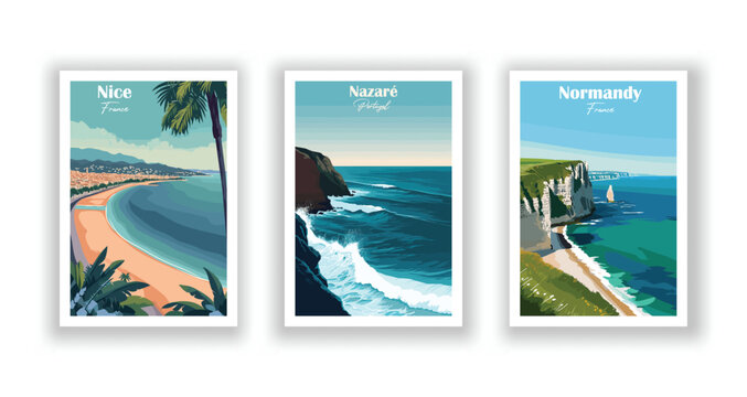 Nazaré, Portugal. Nice, France. Normandy, France - Vintage travel poster. Vector illustration. High quality prints