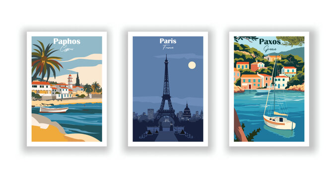 Paphos, Cyprus. Paris, France. Paxos, Greece - Vintage travel poster. Vector illustration. High quality prints