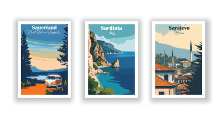 Sarajevo, Bosnia. Sardinia, Italy. Sauerland, North Rhine-Westphalia - Vintage travel poster. Vector illustration. High quality prints