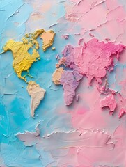 A vibrant and textured painting featuring a world map in pastel colors, perfect for modern interiors - obrazy, fototapety, plakaty