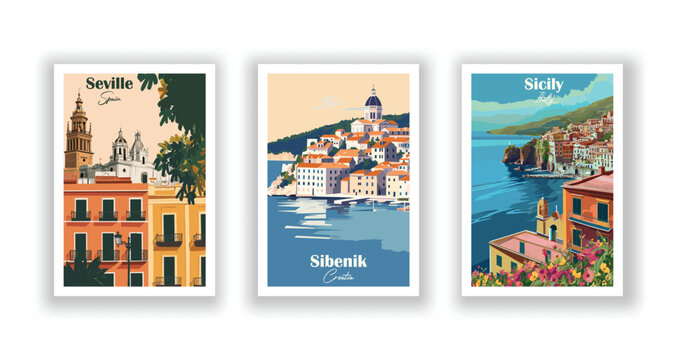 Seville, Spain. Sibenik, Croatia. Sicily, Italy - Vintage travel poster. Vector illustration. High quality prints