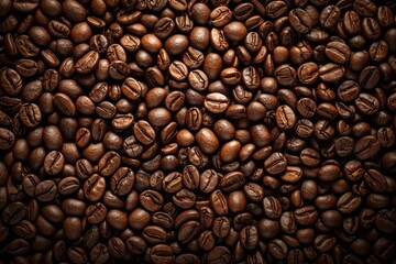 Fototapeta premium Top view background of aromatic brown coffee beans scattered on surface.
