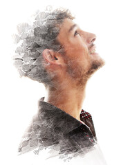 A man's profile looking up in double exposure paintography - 740499436