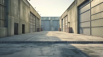Industrial Zone. Identical hangars are located side by side. Industrial area in summer weather. Concrete platform in front of buildings. Two hangars with metal-clad walls. 3d rendering : Generative AI
