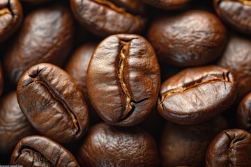 Naklejka premium Top view background of aromatic brown coffee beans scattered on surface.