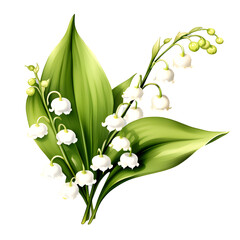 Spring bouquet of lily of the valley flowers, green leaves, and lily flowers. The image is isolated on a white background. For Mother's Day cards, birthday cards, wedding invitations