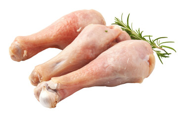 This photo showcases two uncooked chicken legs accompanied by a single sprig of rosemary. Isolated on a Transparent Background PNG.