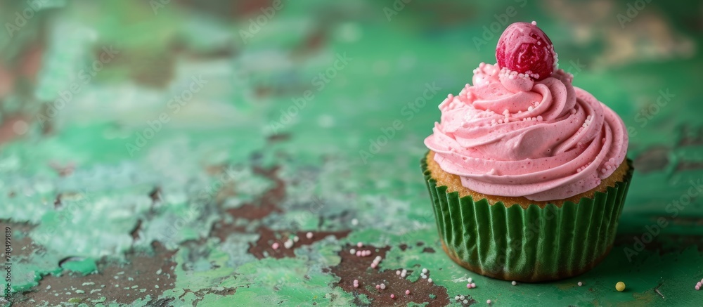 Poster a delicious cupcake with pink frosting and a raspberry garnish sits on a vibrant green table, creati