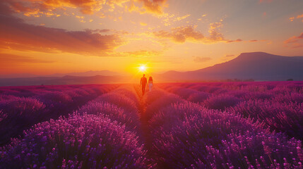 a couple walking in a lavender field at sunset, a man and woman on vacation in France Provence...