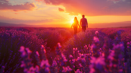 a couple walking in a lavender field at sunset - obrazy, fototapety, plakaty