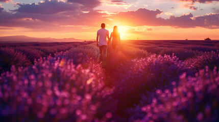 a couple with hands together walking in a lavender field at sunset, a man and woman on vacation in France Provence Valensole during summer vacation in Europe  - obrazy, fototapety, plakaty