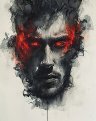 Intense artwork depicting a demonic figure with smoky texture and piercing red eyes, evoking a sinister vibe