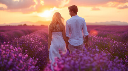 a couple walking in a lavender field at sunset, a man and woman in white dress on vacation in France Provence Valensole during summer vacation in Europe 