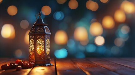 Ramadan Lantern with Dates on Wooden Table and Dates - obrazy, fototapety, plakaty