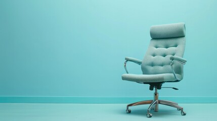 Cozy and comfortable blue leather office chair on blue background, space for text or ads - obrazy, fototapety, plakaty