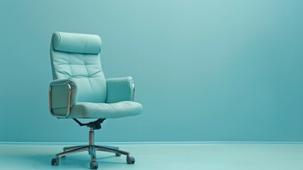 Cozy and comfortable blue leather office chair on blue background, space for text or ads