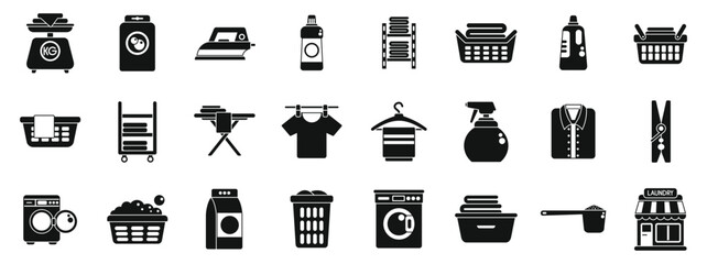 Laundry shop icons set simple vector. Cloth iron basket. Business clean machine