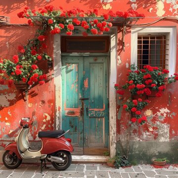 A red   scooter in an alley of a typical Italian village, next to an old door.