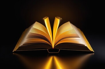 Golden book on black background, golden rays around the book, glow, lines, sparks