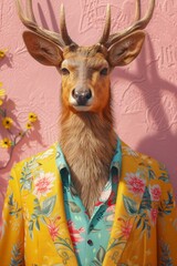 Quirky and stylish, this digital art shows a deer in a floral shirt, bringing a whimsical charm to fashion and wildlife