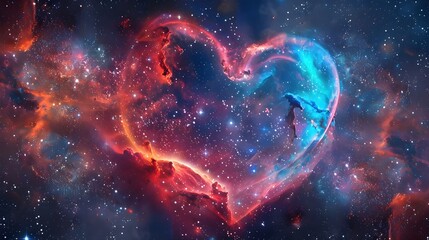 Obraz premium Heart-shaped nebula in deep space, with vibrant hues and sparkling stars, symbolizing infinite love and mystery.