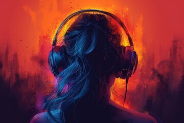 Woman with headphones. Portrait of a young woman with long black hair in a ponytail with headphones on her head on orange background. - obrazy, fototapety, plakaty