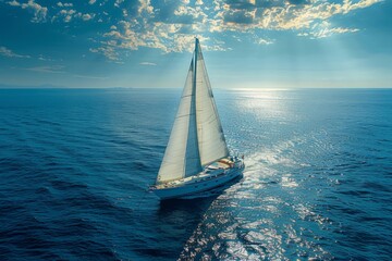 Amazing view to Yacht sailing in open sea at windy day. Drone view - birds eye angle