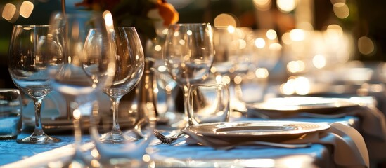 A beautifully set table for a dinner party with wine glasses, plates, and water glasses. The elegant stemware and dishware complement the barware perfectly. Each chair is ready for a guest to enjoy