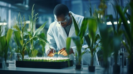 An African-American male geneticist checks plant growth, examines crops, pests, and develops new varieties of corn in a greenhouse. Bioengineering, Biotechnology, Agronomy concepts.