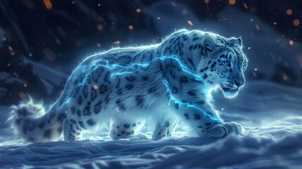 Icicle tear from a snow leopard freezing a moment in which the northern lights reveal animal constellations