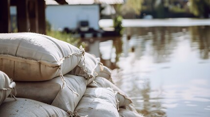 flood Protection Sandbags with flooded homes in the background. Water damage at home. Insurance home. Water damage after flooding - obrazy, fototapety, plakaty