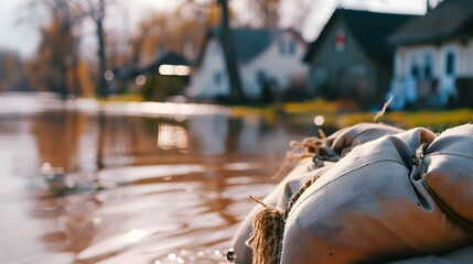 flood Protection Sandbags with flooded homes in the background. Water damage at home. Insurance home. Water damage after flooding - obrazy, fototapety, plakaty