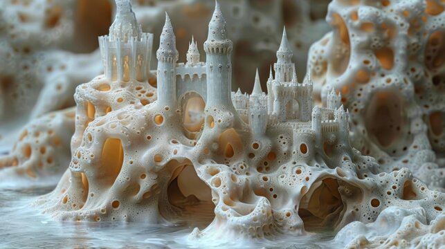 Kevlar fibers under the microscope showing a fortified castle where micro knights and dragons engage in epic battles