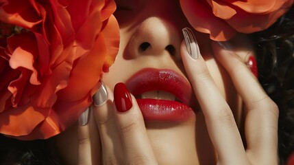Beauty Fashion Model Woman face Portrait with Red Rose flower Red Lips and Nails Beautiful Brunette Woman with Luxury Makeup and Manicure : Generative AI