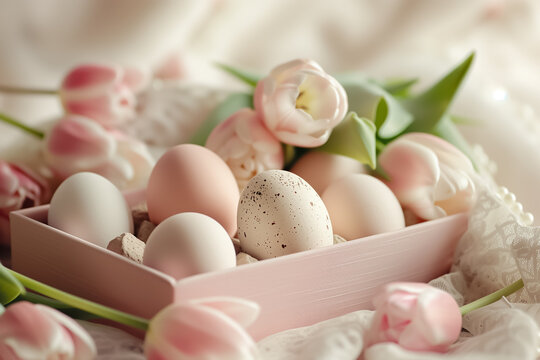 composition of gift box with Easter eggs and tulips in pastel colors, creative Easter gift.