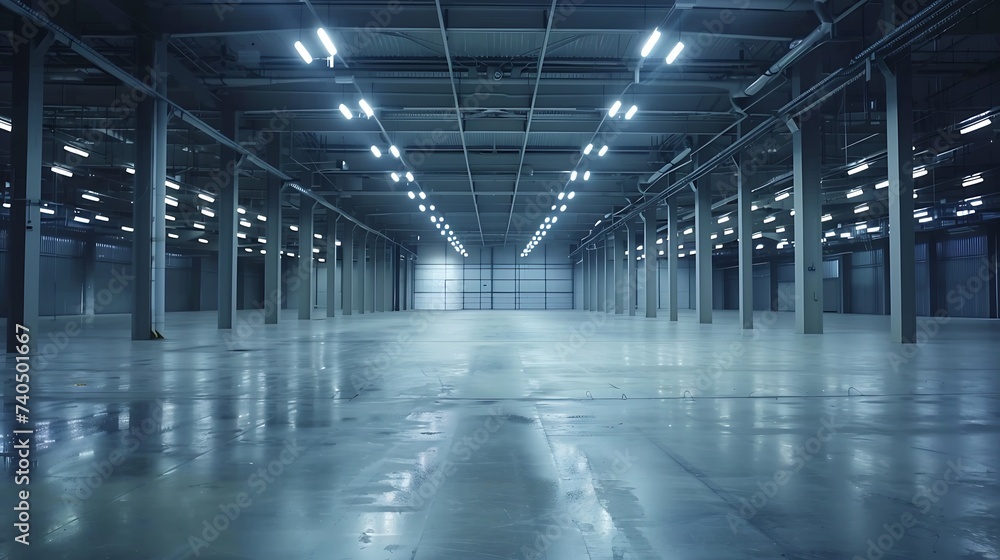 Aufkleber An Interior of a large illuminated empty industrial space : Generative AI
