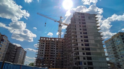 Fototapeta na wymiar Construction site, building under construction and crane next to it with sun shining and sky in background