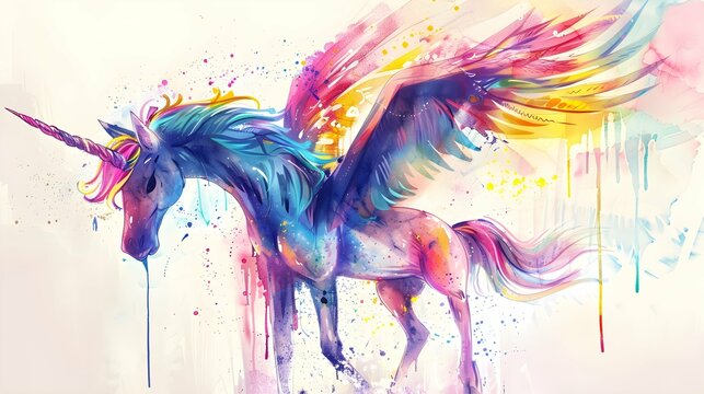 unicorn with blue wings, and colorful feathery mane, in the style of watercolor illustrations, light violet and light red, dark pink and yellow, dripping paint, full body, angura kei, bright