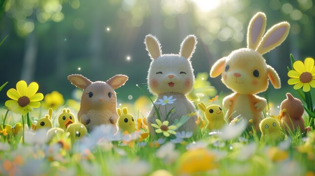 Adorable plush rabbits and ducklings amidst vibrant spring flowers and sunlit meadow.
