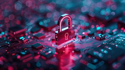 Illuminated padlock on a circuit board, symbolizing digital security.