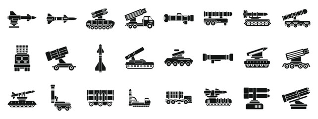 Anti aircraft missile system icons set simple vector. Artillery gun. Mortar vehicle war