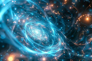 Abstract digital representation of a galaxy with swirling blue lights.