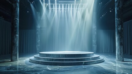 Spotlight on an empty stage with dramatic lighting and grand curtains.