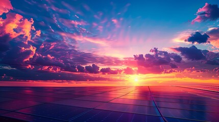 A panoramic shot of a solar farm at sunset, with rows of solar panels stretching towards the horizon