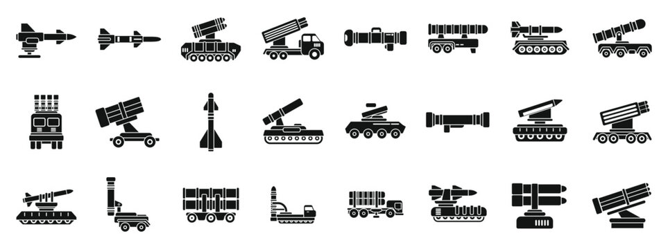 Anti aircraft missile system icons set simple vector. Artillery gun. Mortar vehicle war